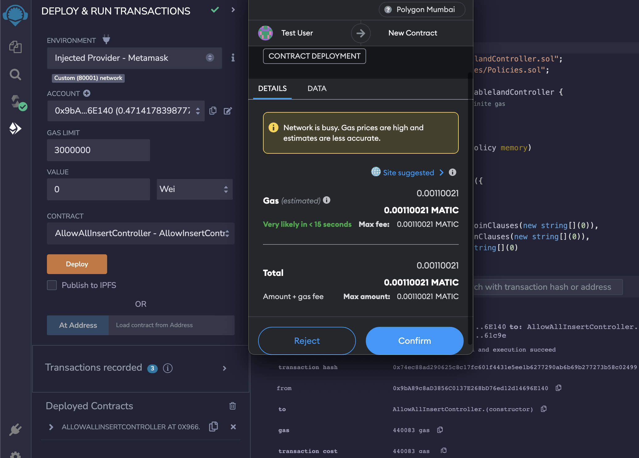 An example of sending an on-chain testnet transaction and deploying the controller contract.